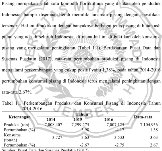 Tabel  1.1  Perkembangan  Produksi  dan  Konsumsi  Pisang  di  Indonesia  Tahun  2014-2016  Keterangan  Tahun  Rata-rata  2014  2015  2016  Produksi (ton)  7,008,407  7,299,275       7,007,125        7,104,936   Pertumbuhan (%)  3.98  -4.17  1.38  Konsumsi