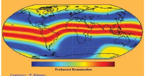 Gambar 1-4: Peta global kemunculan sintilasi ionosfer (Kintner dkk., 2009) 