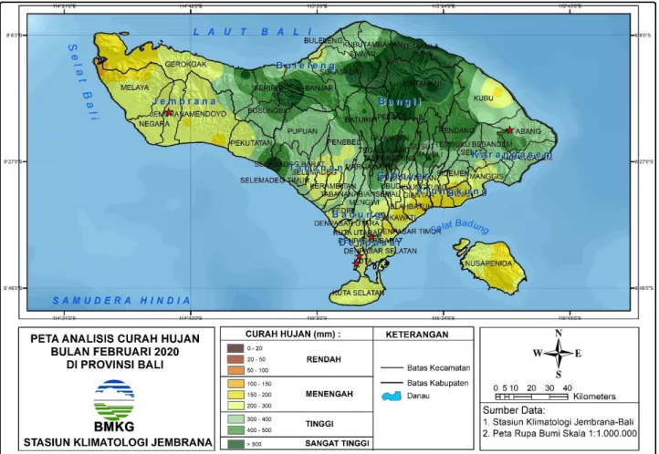Gambar 1. Peta analisis curah hujan bulan Februari 2020 di Provinsi Bali