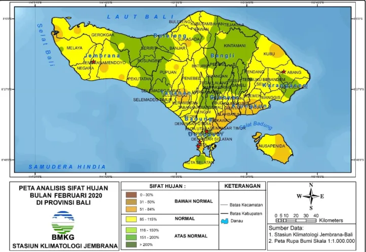 Gambar 2. Peta analisis sifat hujan bulan Februari 2020 di Provinsi Bali