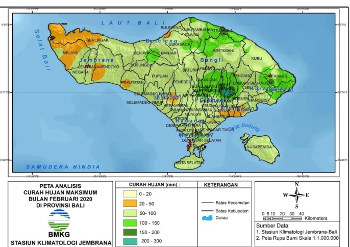 Gambar 3. Peta analisis curah hujan maksimum bulan Februari 2020 di Provinsi Bali