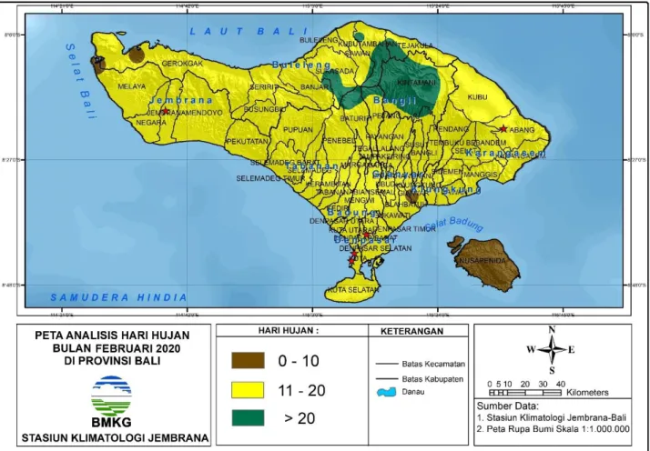 Gambar 4. Peta analisis hari hujan bulan Februari 2020 di Provinsi Bali