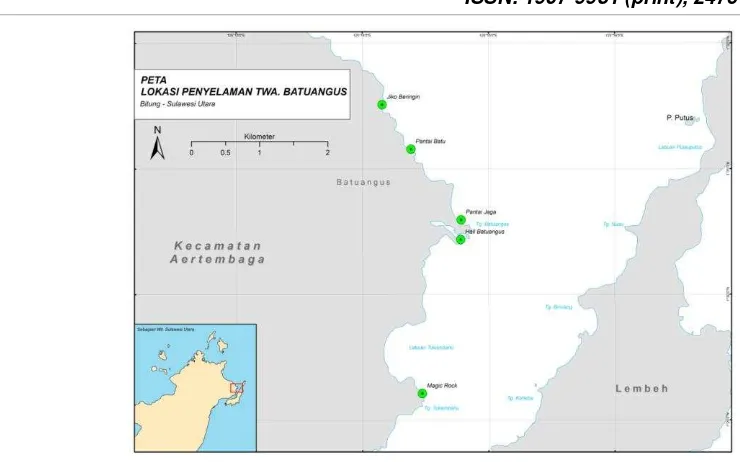 Gambar 1. Peta lokasi survei ekologi di TWA Batuangus. 