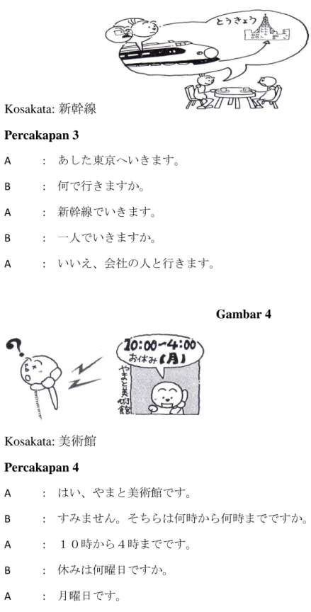 Gambar 3  Kosakata: 新幹線 Percakapan 3  A  :  あした東京へいきます。   B  :  何で行きますか。  A  :  新幹線でいきます。  B  :  一人でいきますか。  A  :  いいえ、会社の人と行きます。  Gambar 4  Kosakata: 美術館  Percakapan 4  A  :  はい、やまと美術館です。   B  :  すみません。そちらは何時から何時までですか。  A  :  １０時から４時までです。  B  :  休みは何曜日ですか。