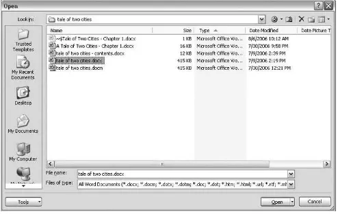 Figure 1 -6 . This Open dialog box shows the contents of the tale of two cities folder, according to the "Look in" box at the top.The file tale of two cities