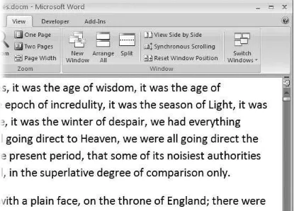 Figure 1 -1 4 . In the Window group, the three commands on the leftNew Window, Arrange All, and Splitlet you open and viewyour work from multiple vantage points