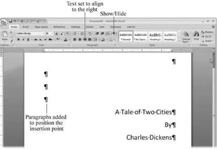 Figure 2 -3 . When you double-click with the Click and Type cursor shown in Figure 2-2 , Word adds several paragraph marksto position the insertion point down the page