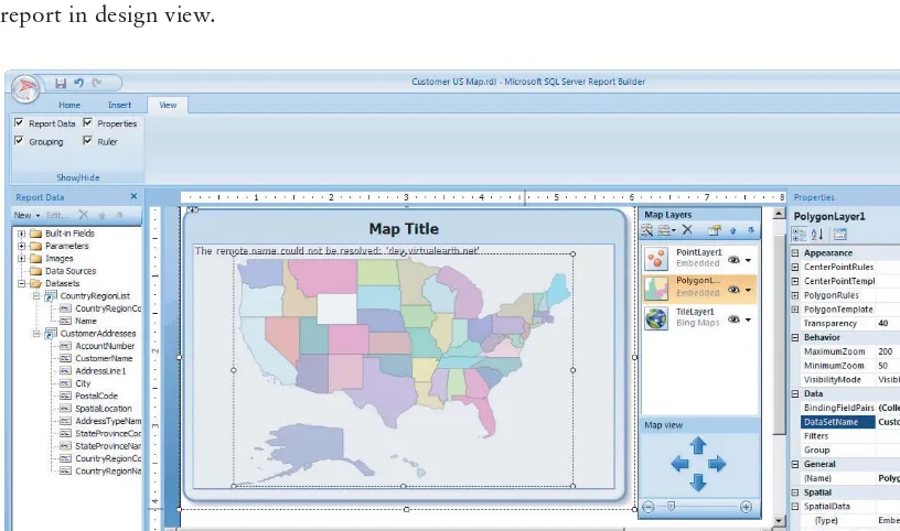 Figure 1-5 shows the current version of Report Builder (installed with SQL Server 2012) with a map 