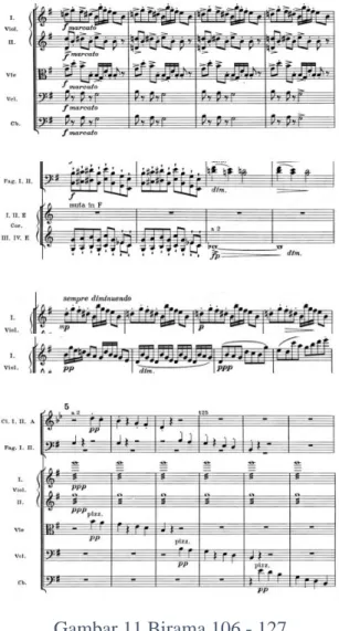 Gambar 12 Birama 128 – 144  Pengembangan  Tema  1  dimulai  pada  birama 128 - 143. Flute dan Oboe berperan  sebagai  melodi  pengantar  di  birama  128  –  131