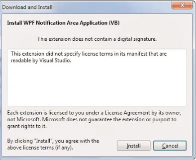 FIGURE 2.9 Visual Studio asks for confirmation before installing the additional template.