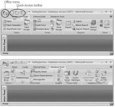 Figure I -4 . Top: When you press Alt, Access pins KeyTips next to every tab, over the Office menu, and over the buttons in theQuick Access toolbar (more about the Office menu and the Quick Access toolbar in a moment).Bottom: If you follow up with A (for t