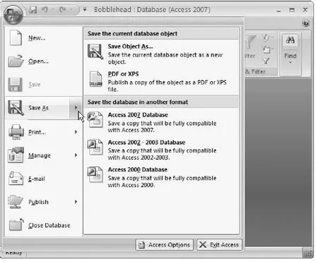 Figure 1 -1 4 . Make sure you click the rightpointing arrow next to the Save As menu command to see this submenu of choices.(Just clicking Save As performs the default option, which saves a copy of the currently selected database object, not your entiredatabase.) Then, choose one of the options under the "Save the database in another format" heading.