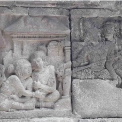 Gambar 10. Ilustrasi bangunan istana dengan lantai  yang menapak di atas tanah pada relief Candi  Prambanan (dokumentasi pribadi) 