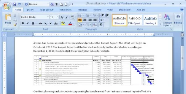 Figure 1-8  Paste information from Project 2010 into Word, and the outline levels, column headings, and formatting look just as they did in the project plan.