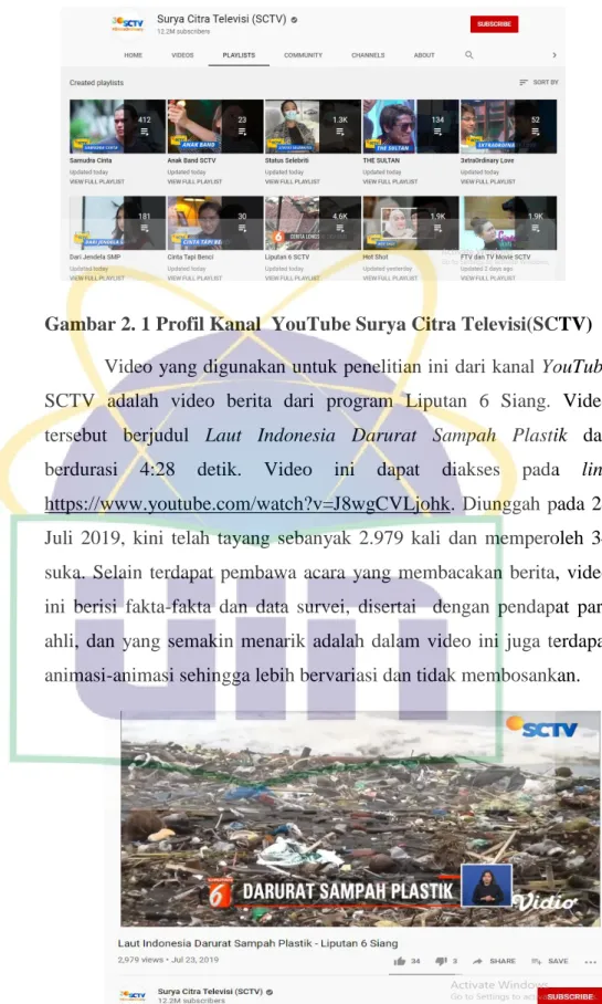 Gambar 2. 1 Profil Kanal  YouTube Surya Citra Televisi(SCTV)  Video yang digunakan untuk penelitian ini dari kanal YouTube  SCTV  adalah  video  berita  dari  program  Liputan  6  Siang