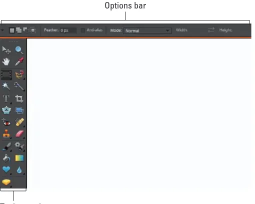 Figure 1-16: Click the Rectangular Marquee tool, and the Options bar changes to displaysettings options that can be used with the Rectangular Marquee tool.