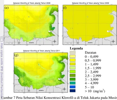 Gambar 7 Peta Sebaran Nilai Konsentrasi Klorofil-a di Teluk Jakarta pada Musim Timur Tahun 2002 (a), 2004 (b), 2005 (c), 2006 (d), 2008 (e), 2009 (f), dan 2011 (g) 