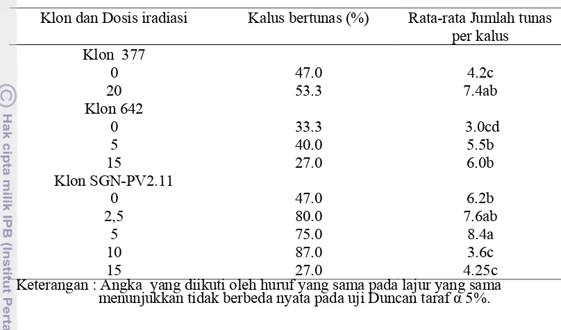Tabel 9 Pengaruh perlakuan dosis iradiasi pada kalus embriogenik klon  SGN-PV2.11, 642 dan 377 terhadap persentase kalus yang bertunas dan  jumlah tunas per kalus selama 12 minggu setelah tanam (MST)