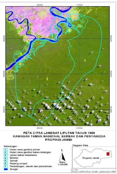 Gambar 1a.  Peta citra Landsat dan delineasi batas wilayah kajian TNB dan kawasan penyangga dalam kegiatan pemberdayaan masyarakat melalui pemberian small grant, berdasarkan citra satelit Landsat liputan tahun 1989  