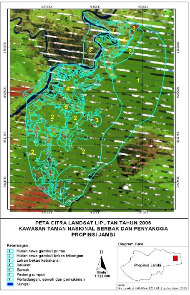 Gambar 1b. Peta citra Landsat dan delineasi batas wilayah kajian TNB dan kawasan penyangga dalam kegiatan pemberdayaan masyarakat melalui pemberian small grant, berdasarkan citra satelit Landsat liputan tahun 2005 