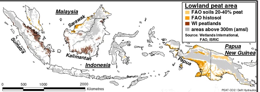 Figure 3  Peat depth/thickness classes by area. Large areas of peatland are in excess of 3 metres deep (Data: WetlandsInternational 2003, 2004