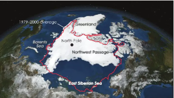 FIGURE 16.15 Arctic sea ice decline. Perspective view of satellite data,showing the extent of