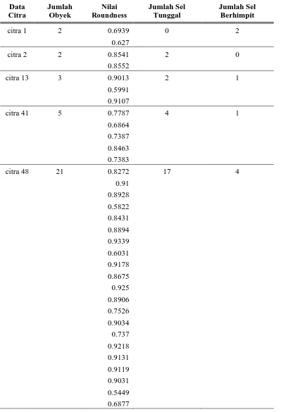Tabel 2. Hasil Perhitungan Nilai Roundness untuk Identifikasi Sel Berhimpit. 