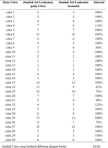 Tabel 3. Tabel hasil penghitungan jumlah sel leukemia pada citra 