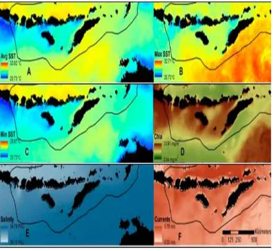 Gambar 2.3.  Sebaran SPL (A, B, C), klorofil-a (D), salinitas (E), dan arus laut (F) pada sebagian wilayah perairan Sunda Kecil (Wang et al., 2015)  