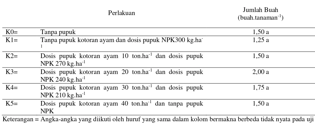 Tabel 7. Pengaruh Pemberian Dosis Pupuk Kandang Kotoran Ayam dan Dosis PupukNPK Majemuk                Terhadap Rerata Jumlah Buah 