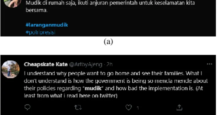 Gambar 1. Berbagai opini (a) positif dan (b) negatif mengenai  kebijakan larangan mudik di media sosial Twitter  