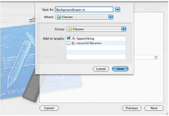 Figure 2.4 Adding the BackgroundLayer.m class to SpaceViking in Xcode