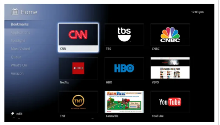 Figure 1-2. Users are able to access and bookmark everything from websites to apps on Google TV;note the various “live folders” on the left