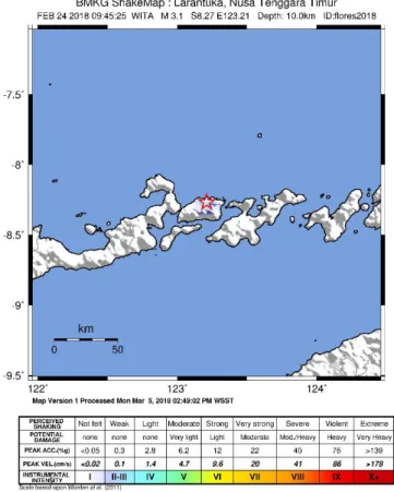 Gambar 9. Peta guncangan (shakemap) gempa Laranruka  24 Februari 2018