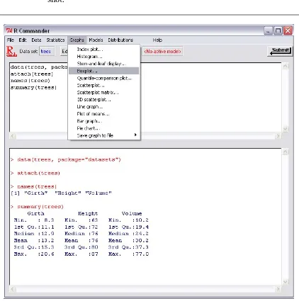 Figure 3: The R Commander screen: Menu bar at the top; a top panel showing commandssubmitted to R by the menu commands; a bottom panel showing the results after executionby R