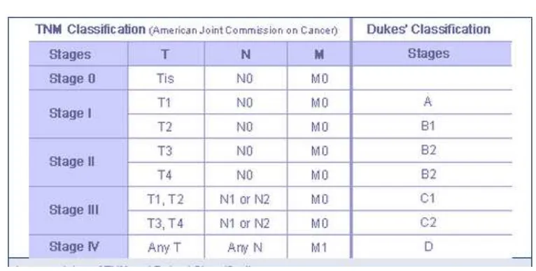 Tabel 2.2 Perbandingan klasifikasi berdasarkan TNM dan Dukes  