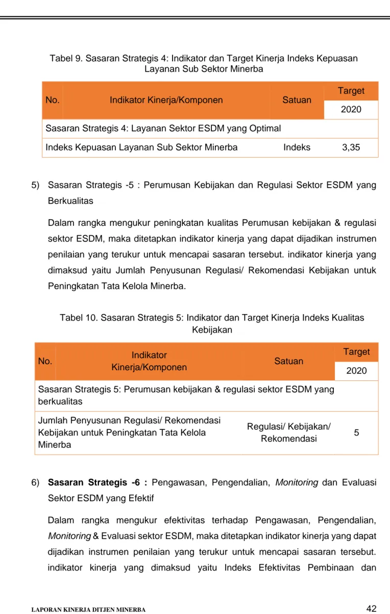 Tabel 9. Sasaran Strategis 4: Indikator dan Target Kinerja Indeks Kepuasan  Layanan Sub Sektor Minerba 