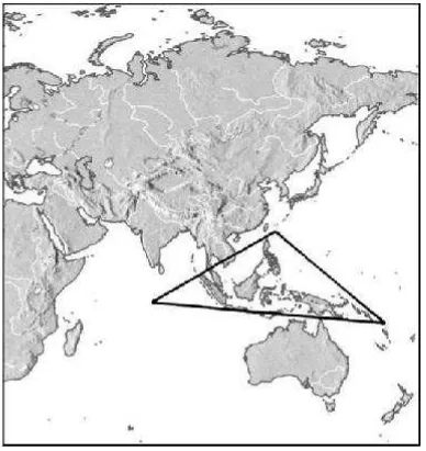 Gambar 3.3. Segi tiga East Indies – wilayah laut Indo-Pasifik Barat yang didugamempunyai keanekaragaman hayati laut tertinggi di dunia (Sumber:Briggs, 2005)