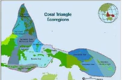 Gambar 3.5Batas (delineasi) CoralTriangle dari hasil diskusi berbagai ahli kelautan,taksonomi dan biologi laut (Sumber: hasil diskusi ahli dilaporkan dalamGreen & Mous, 2008)