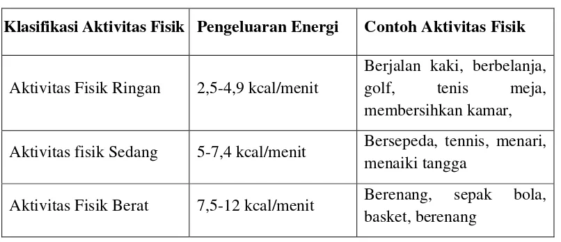 Tabel 2.1  Klasifikasi Aktivitas Fisik 