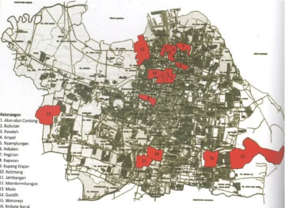 Gambar 3.2. Peta Sebaran Kampung Unggulan Surabaya  (Pemerintah Kota Surabaya dalam  Kampung Surabaya Menuju Abad 21: Silas, 2013) 