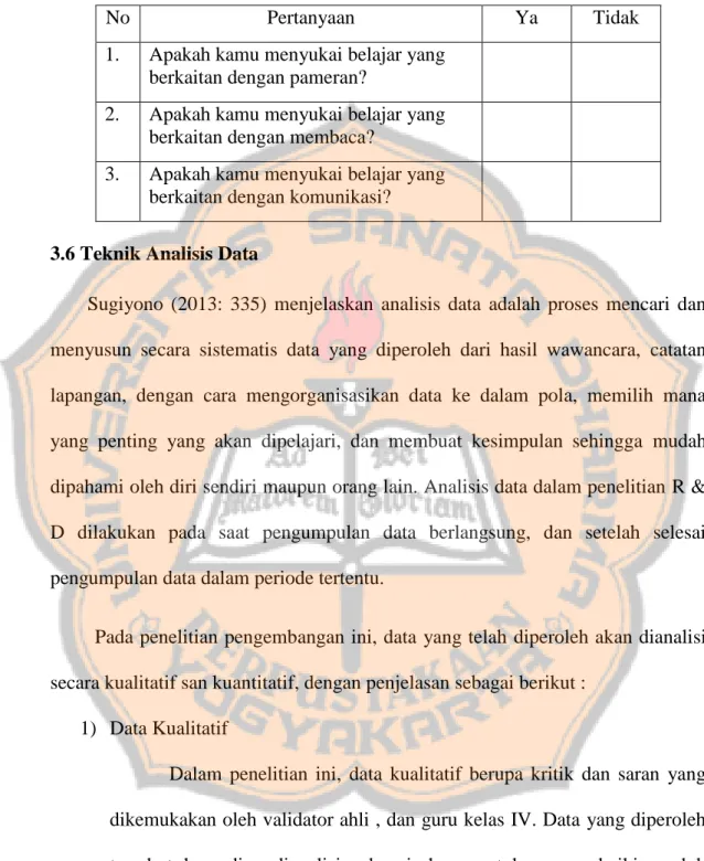 Tabel 3.2 Pedoman angket  