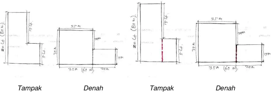 Gambar sketsa bangunan diatas merupakan salah satu contoh bangunan yang harus memakai sistem dilatasi