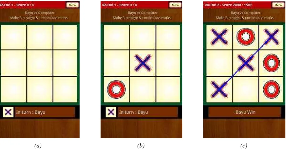 Gambar 3: Tampilan layar aplikasi permainan Tic Tac Toe di (a) awal permainan (b) tengah permainan dan (c) akhir : Tampilan layar aplikasi permainan Tic Tac Toe di (a) awal permainan (b) tengah permainan dan (c) akhir : Tampilan layar aplikasi permainan Tic Tac Toe di (a) awal permainan (b) tengah permainan dan (c) akhir permainan 