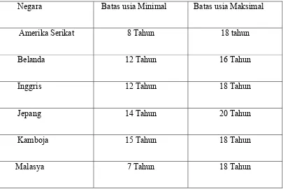 Tabel 1. Batas usia Minimal dan Usia Maksimal Anak Pelaku Tindak Pidana di  