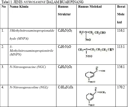 Tabel 1. JENIS NITROSAMINENo  DALAM BUAH PINANG Nama Kimia Rumus Rumus Molekul 