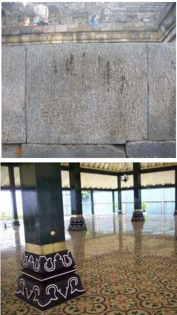 Gambar 1. Pemberian tanda untuk membedakan elemen asli dengan replika pada batu Candi Borobudur, dan soko guru Bangsal Trajumas, Kraton Yogyakarta  