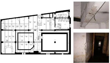 Gambar 4. Pemetaan titik kerusakan struktur lantai dasar (kiri), dan contoh kerusakan pada dinding kazanah dan balok lantai 1 (kanan atas dan bawah) 