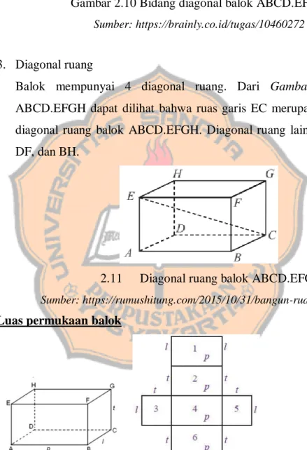 Gambar 2.10 Bidang diagonal balok ABCD.EFGH  Sumber: https://brainly.co.id/tugas/10460272 