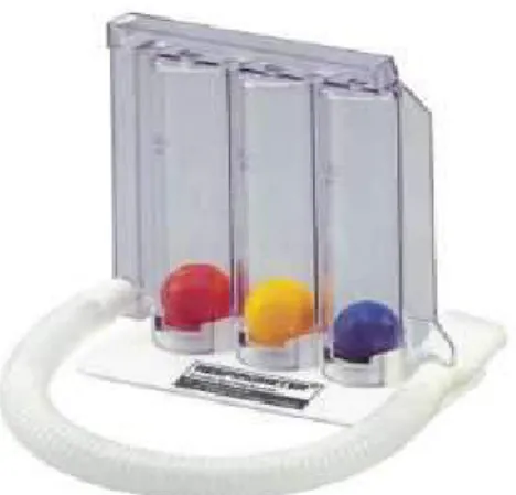 Gambar 2.8. Triflo incentive spirometer (Flow oriented incentive spirometer)              (dikutip dari kepustakaan no 45)  